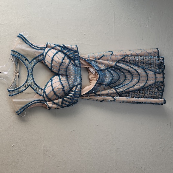 Size 6 turquoise and nude two piece home coming dress cocktail by Rachel Allan - Picture 3 of 15